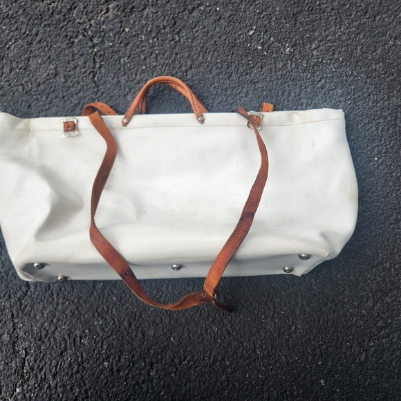 Large  White and Brown Leather and Vinyl Utility Tote Bag - Picture 3 of 8